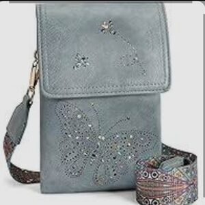 SLATE BLUE FAUX LEATHER TENDY  CELL PHONE WALLET CROSSBODY BAG